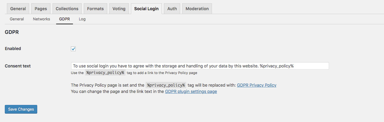 Social Login GDPR Settings