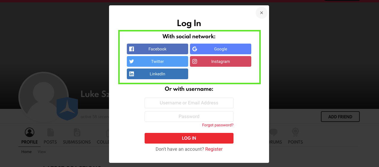 Snax Login Popup with Social Login Links